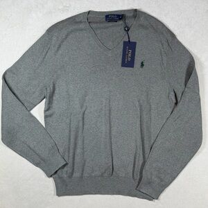 NWT Polo Ralph Lauren Medium Pima Cotton V-Neck Sweater in Gray With Horse Logo